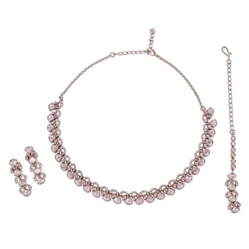 Elegant rectangle shape cz studded gold plated choker necklace set with maangtikka for women and girls