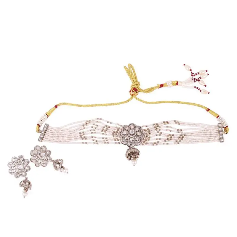 Fabulous flower design gold plated pearl choker necklace set for women and girls