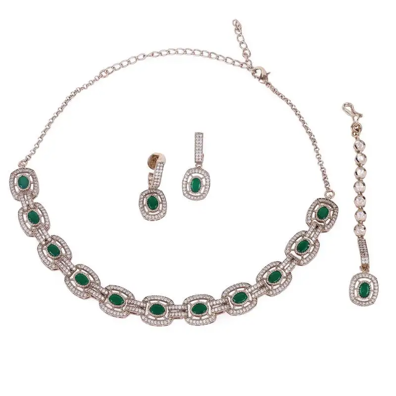 Flowing round shape cz studded gold plated green stone choker necklace set with maangikka for women and girls