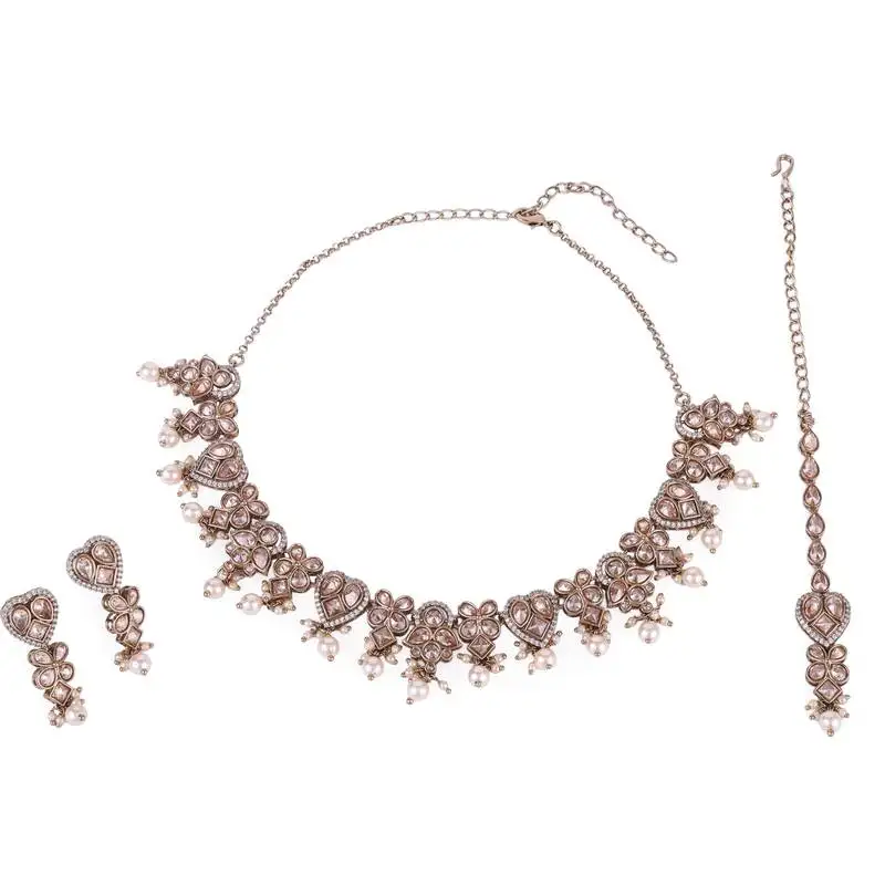 Glorious heart and flower design gold plated choker necklace set with maangikka for women and girls