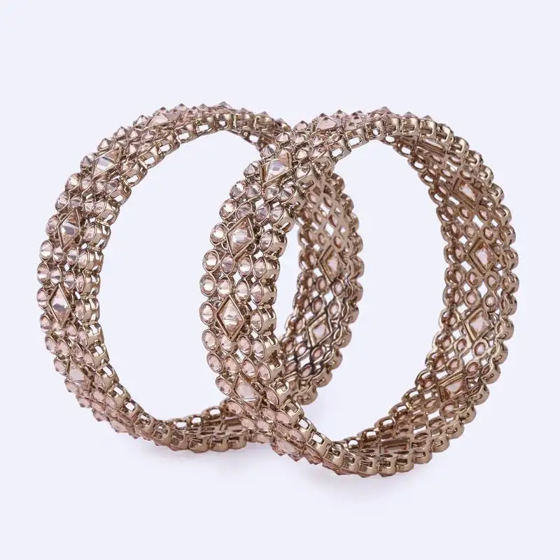 Traditional dazzling round and rectangle gold plated brown stone set of 2 bangles for women