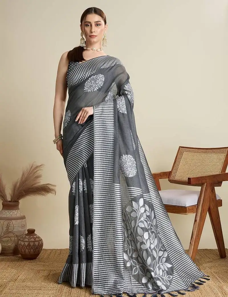 Light black soft silk blend saree party wear with unstitched blouse