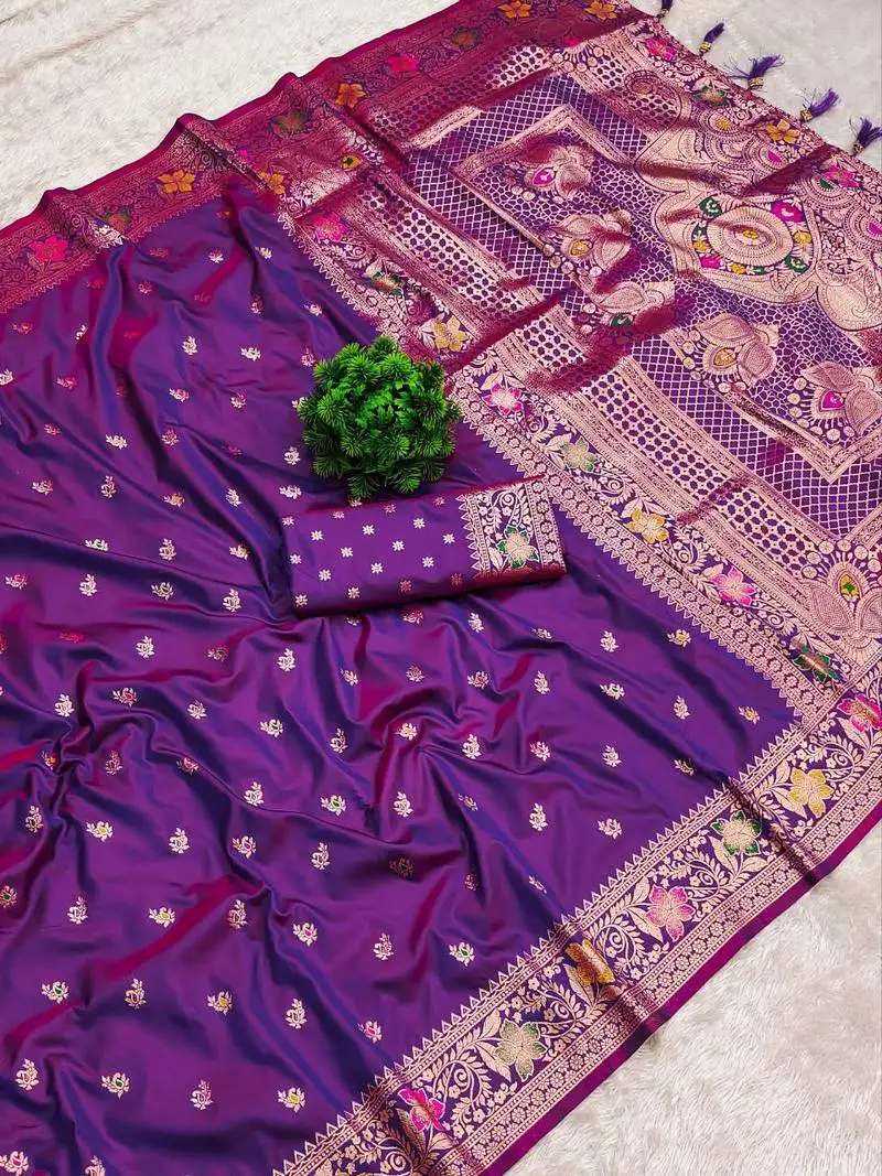 Violet soft banarasi silk saree with zari weaving meenakari design