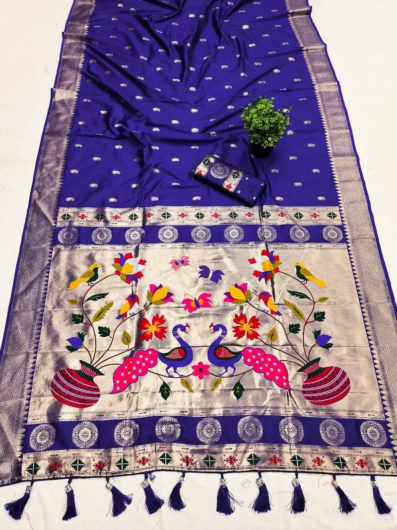 Blue faux banarasi silk saree with paithani rich weaved pallu and blouse