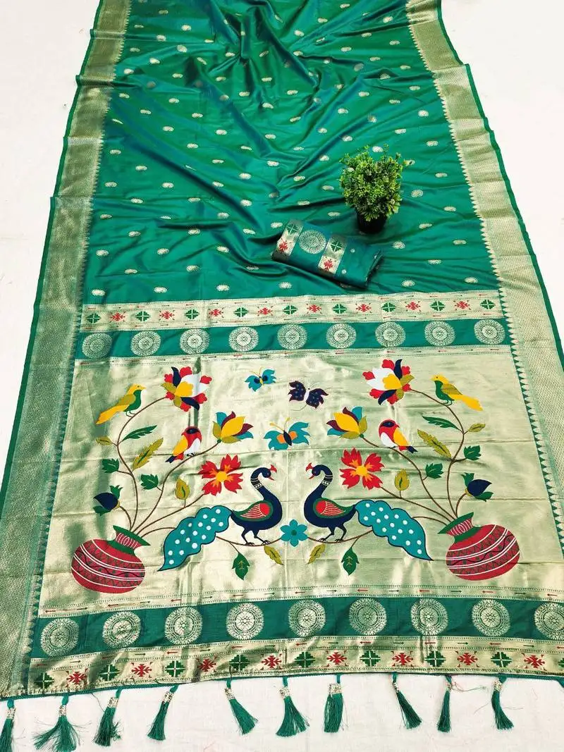 Sea green faux banarasi silk saree with paithani rich weaved pallu and blouse