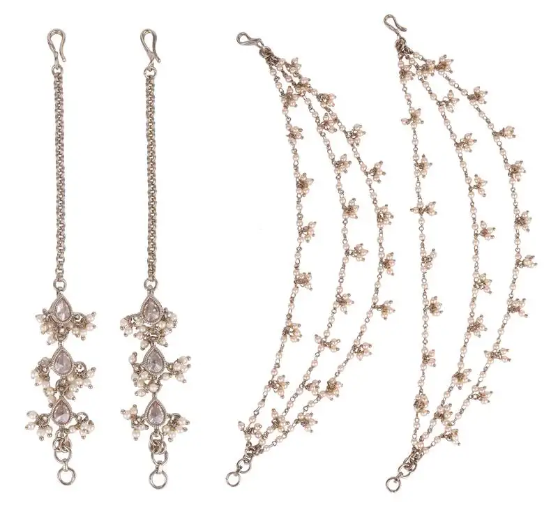 Inspired pearl 3 string gold plated set of 2 combo ear-chain(kaan chain) for women