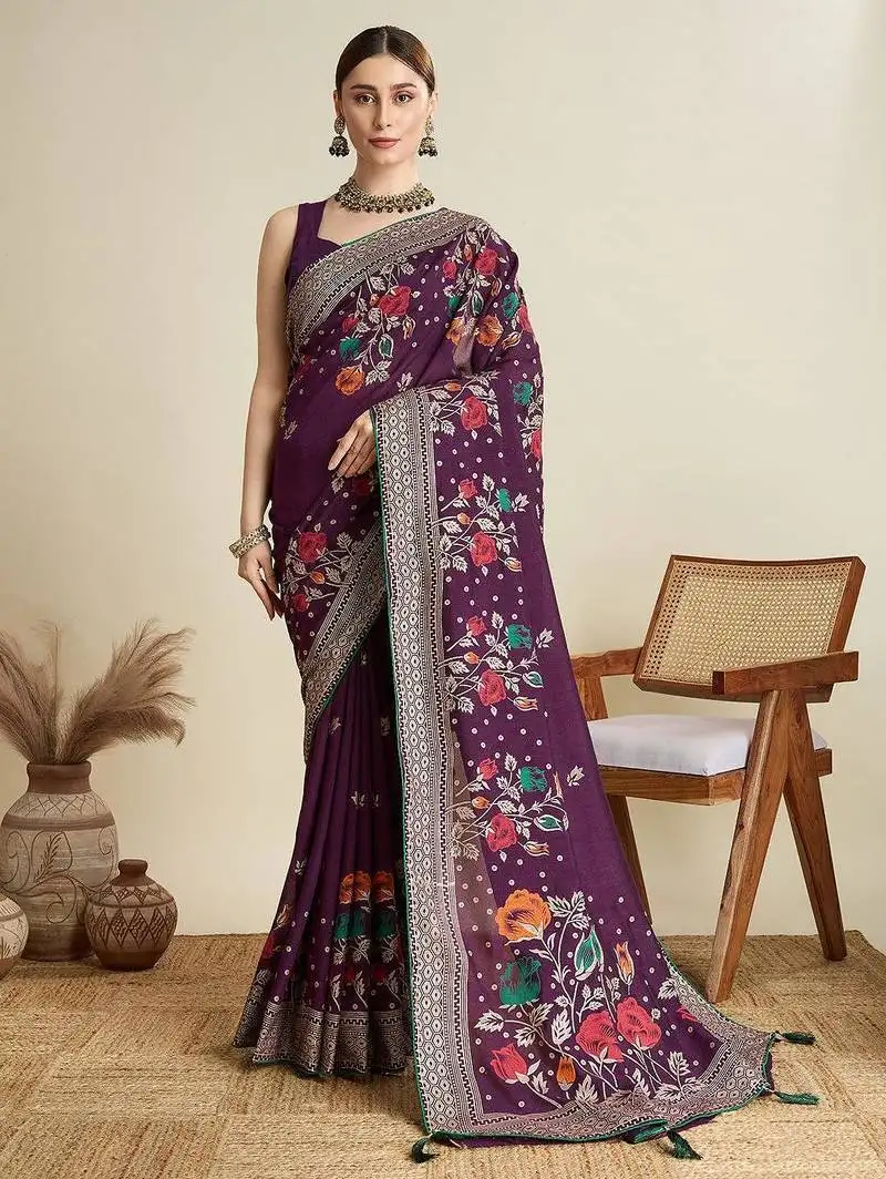 Voilet cotton saree party wear with unstitched blouse