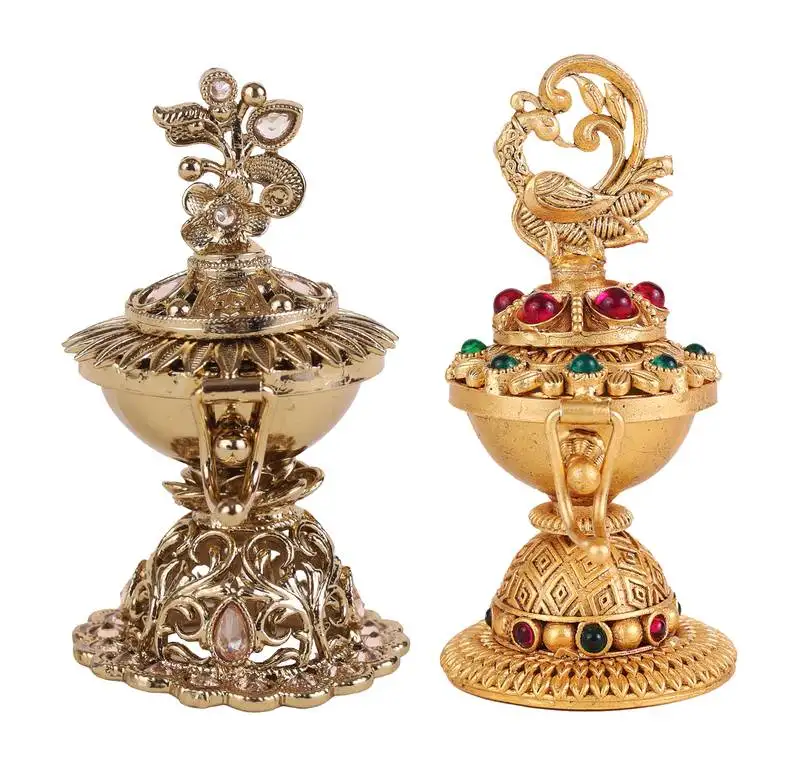 Traditional flower and peacock design gold plated brass set of 2 combo sindoor dani::Dibbi for women