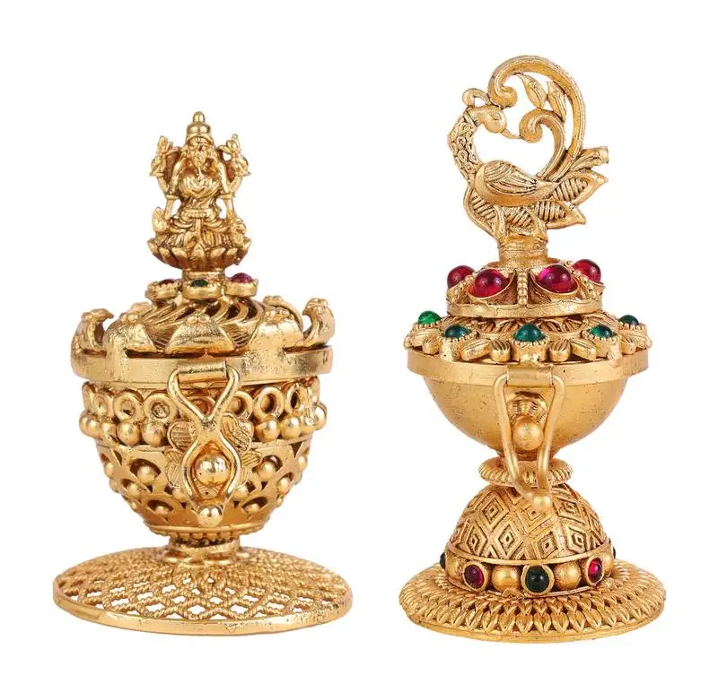 Traditional laxmi and peacock design gold plated brass set of 2 combo sindoor dani::Dibbi for women