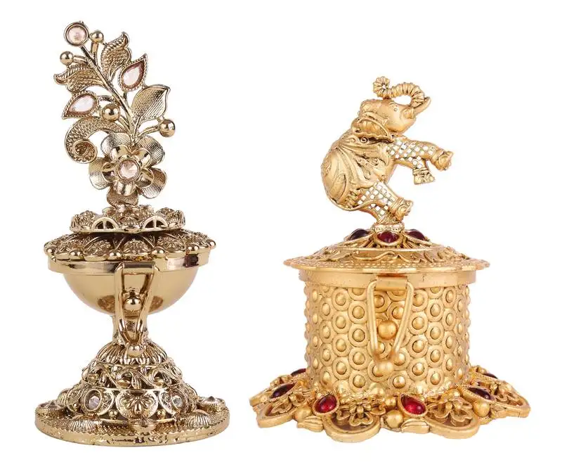 Traditional leaf flower and elephant design antique gold plated brass set of 2 combo sindoor dani::Dibbi for women