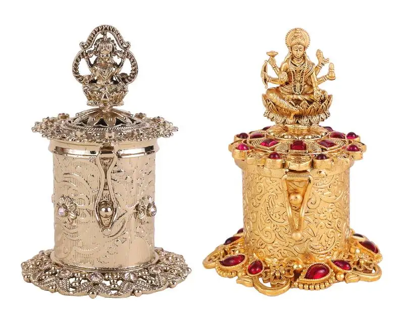 Traditional laxmi design antique gold plated brass set of 2 combo sindoor dani::Dibbi for women