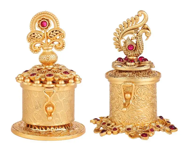Traditional peacock flower and kalasha(waterpot) design gold plated brass set of 2 combo sindoor dani::Dibbi for women