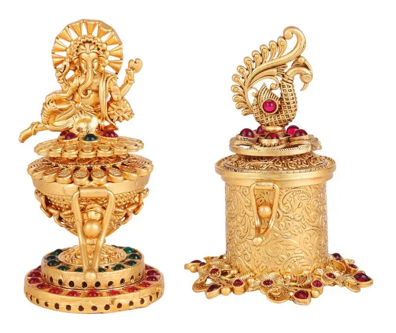 Traditional lord ganesha and peacock design gold plated brass set of 2 combo sindoor dani::Dibbi for women