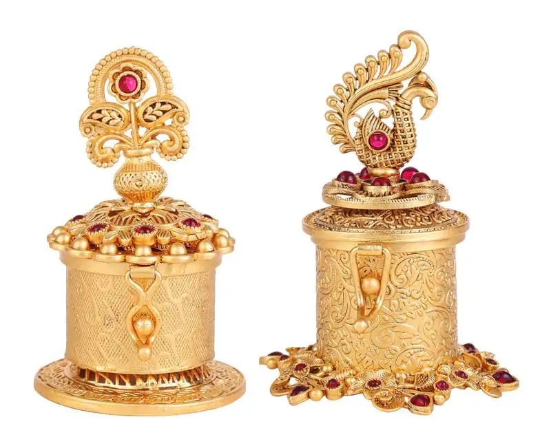 Traditional leaf and peacock and paisley gold plated brass set of 2 combo sindoor dani::Dibbi for women