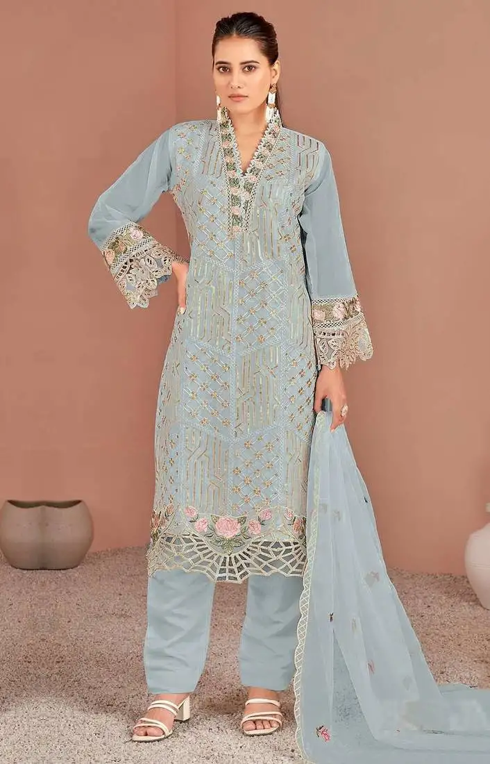 Sky embroidered organza semi-stitched pakistani salwar suit semi stitched