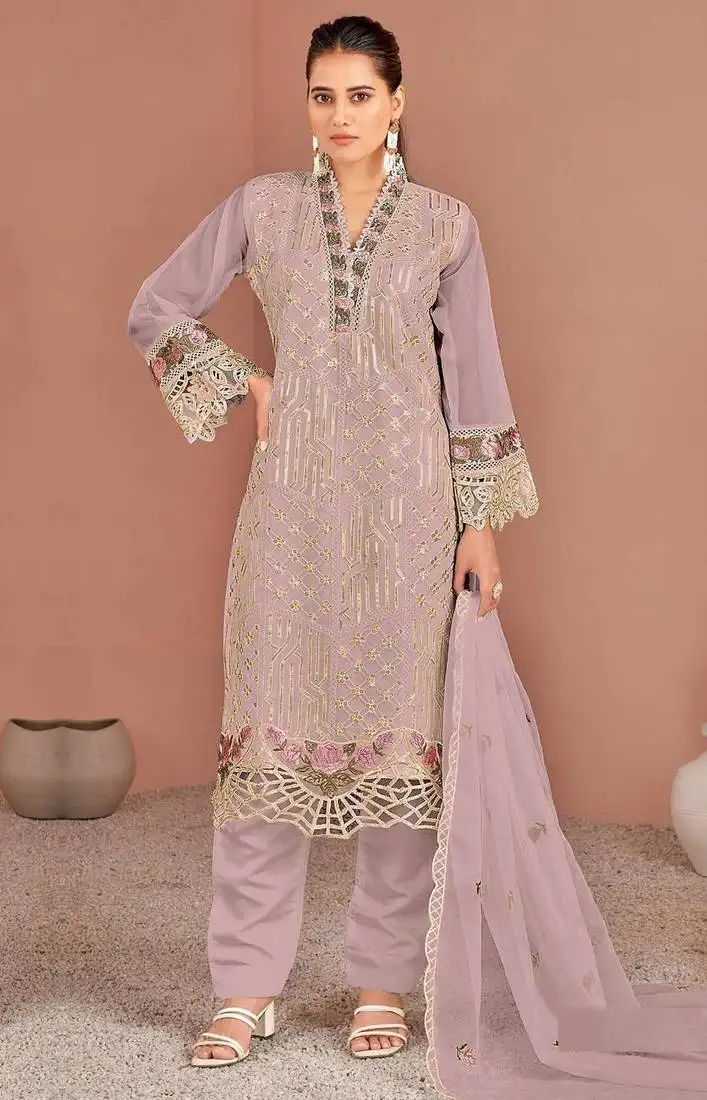 Mauve embroidered organza semi-stitched pakistani salwar suit semi stitched