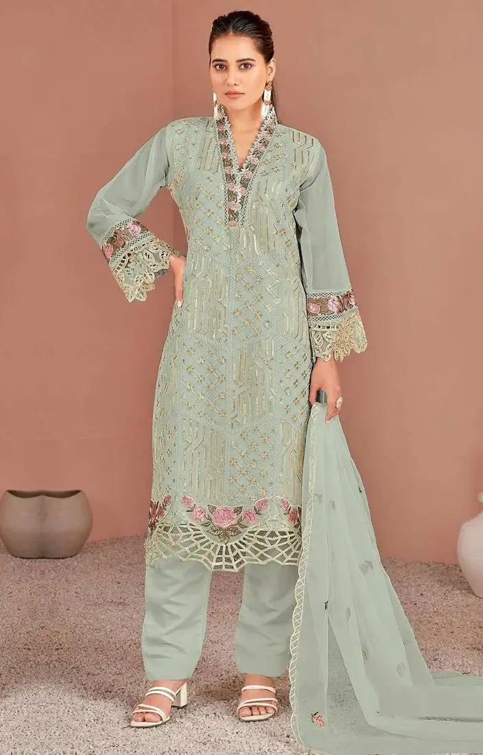 Green embroidered organza semi-stitched pakistani salwar suit semi stitched