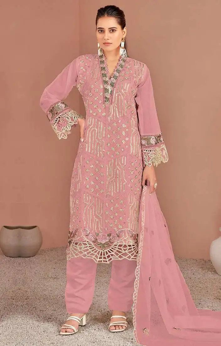 Pink embroidered organza semi-stitched pakistani salwar suit semi stitched