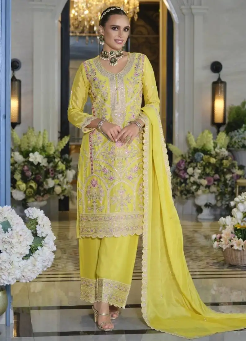 Yellow heavy chinon silk readymade plazo suit with sequence work stitched