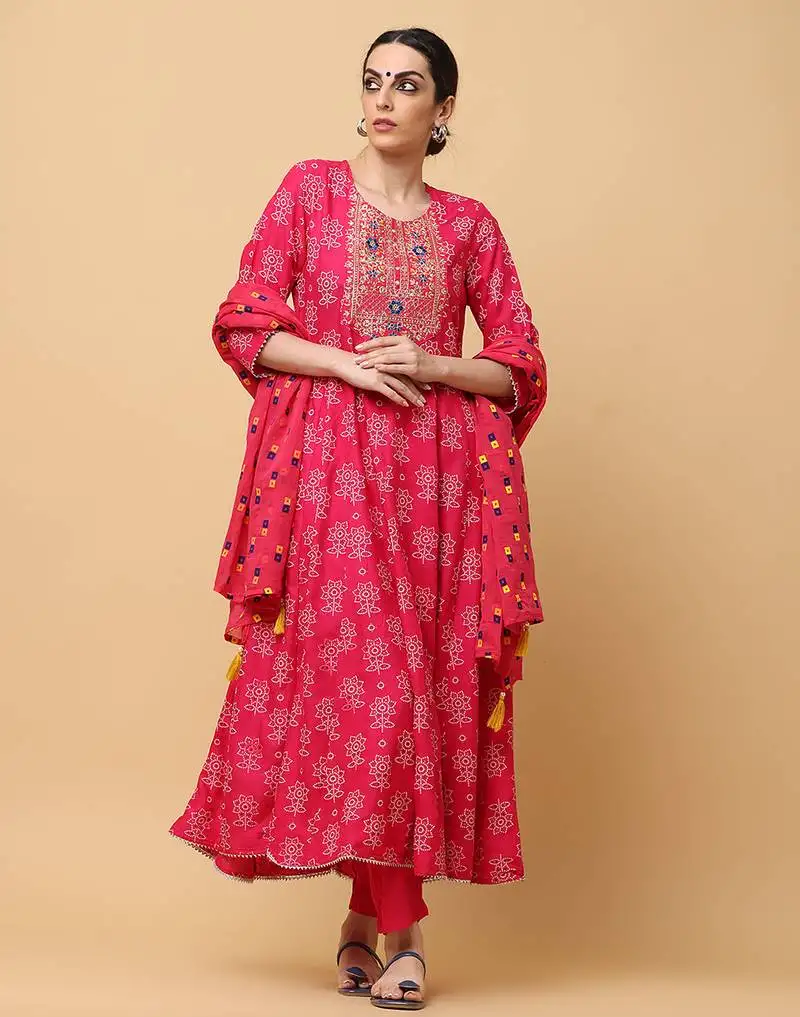 Pink rayon printed & embroidered work anarkali kurta bottom dupatta set