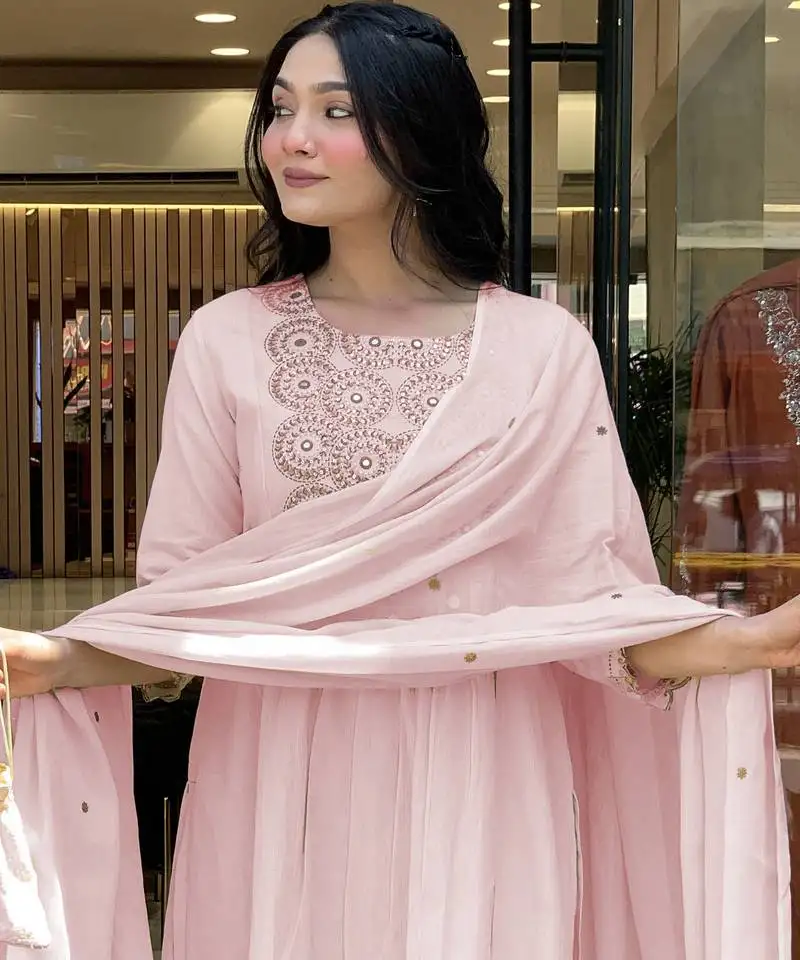 Ethnic festive wear pink mull chanderi stitched suit with dupatta