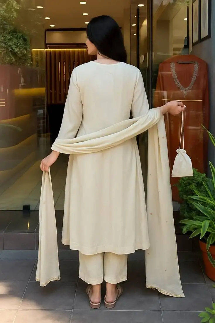 White mull chanderi stitched suit with dupatta