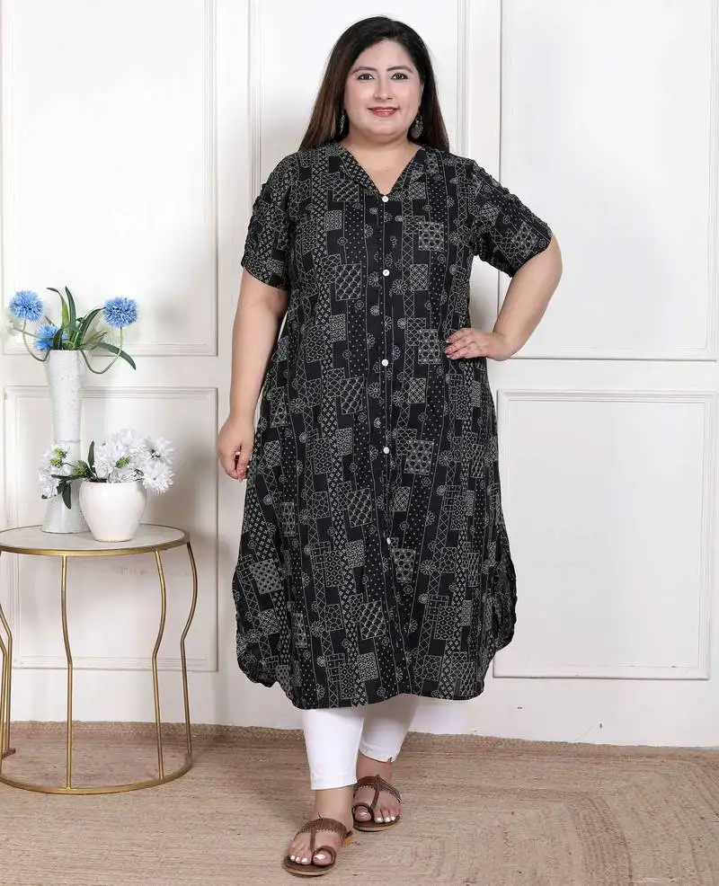 Doriyaan womens plus size pure cotton black floral printed front button a-line kurta