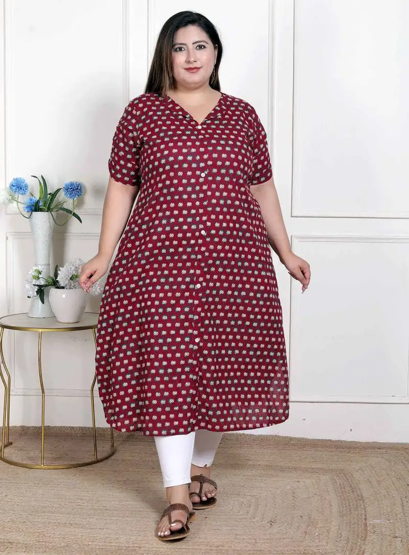 Doriyaan womens plus size relaxed fit red floral printed a-line pure cotton kurta