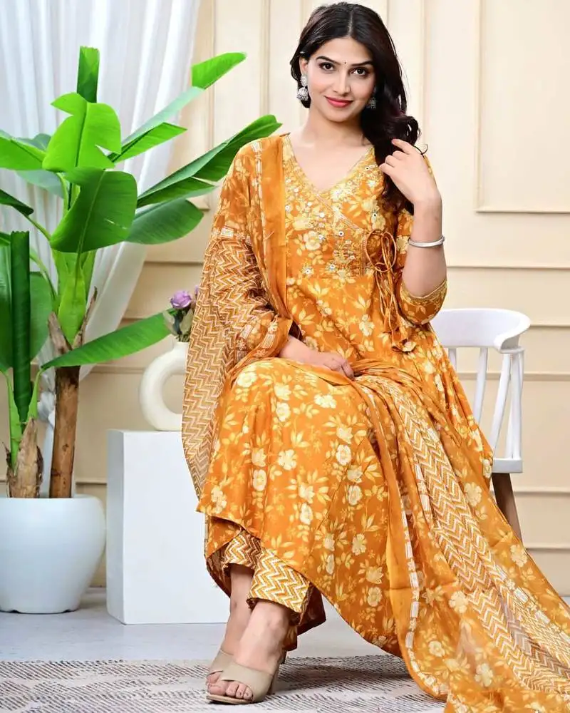 Mustard cotton printed & embroidered work angrakha kurta bottom dupatta set