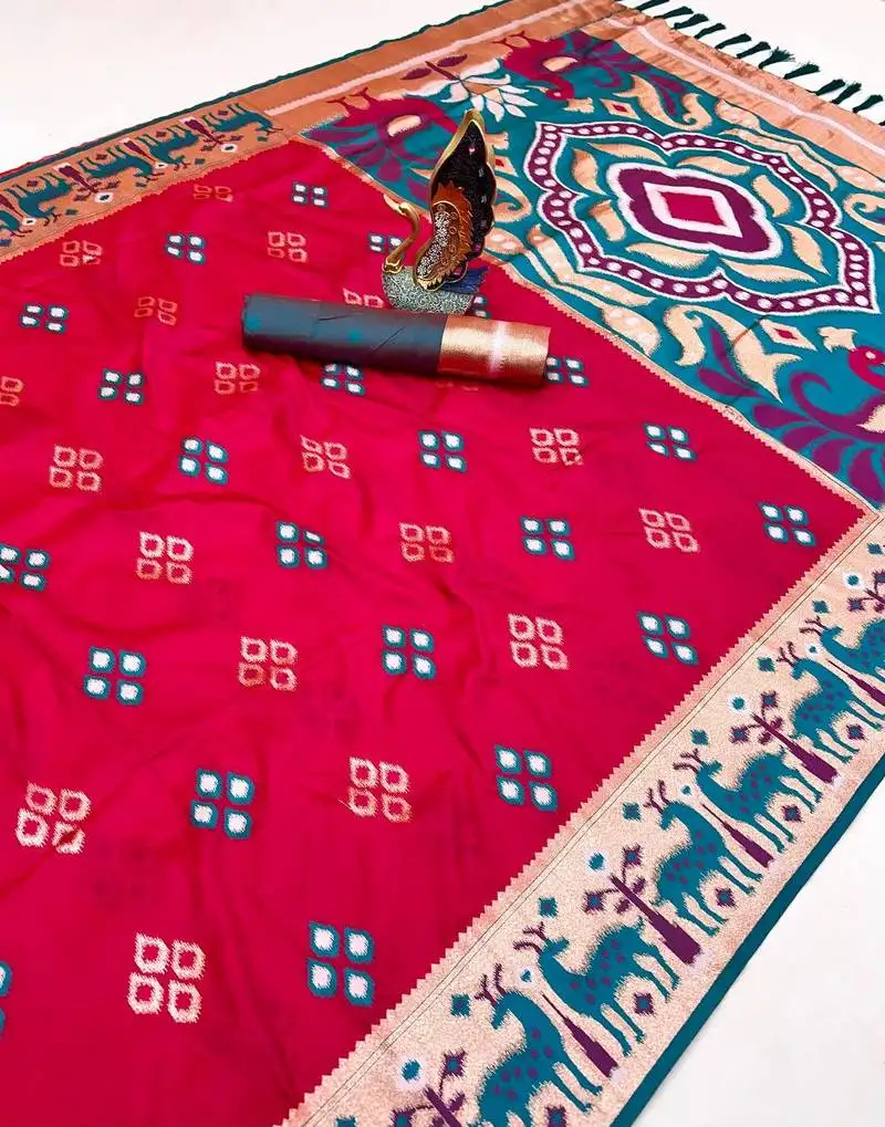 Pink soft saree with zari weawing meenakari rich pallu and unique ikkat border