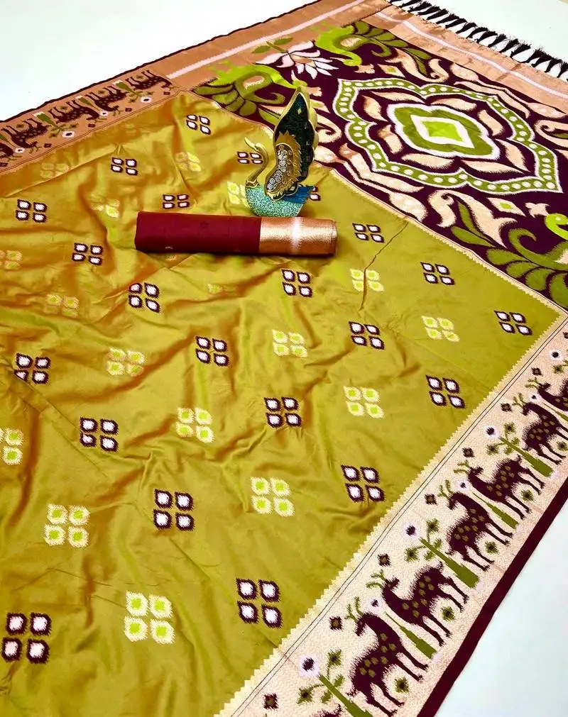 Musterd soft saree with zari weawing meenakari rich pallu and unique ikkat border