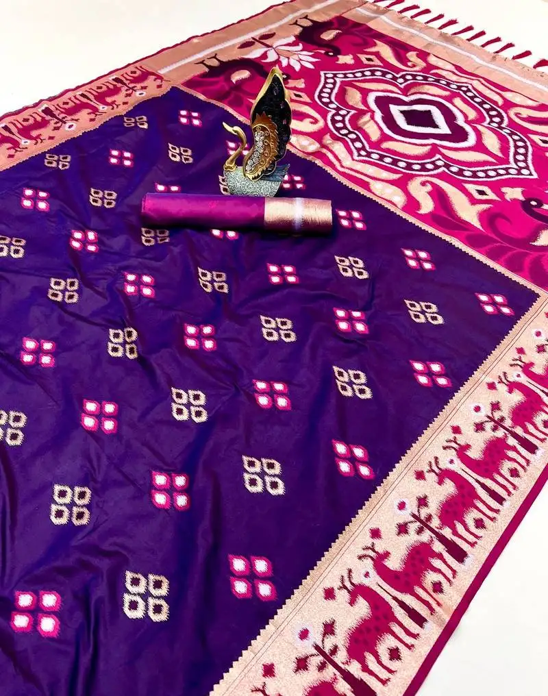 Purple soft saree with zari weawing meenakari rich pallu and unique ikkat border
