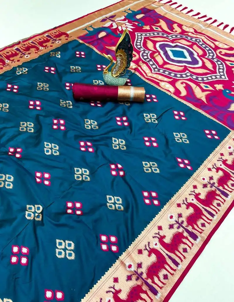 Teal soft saree with zari weawing meenakari rich pallu and unique ikkat border