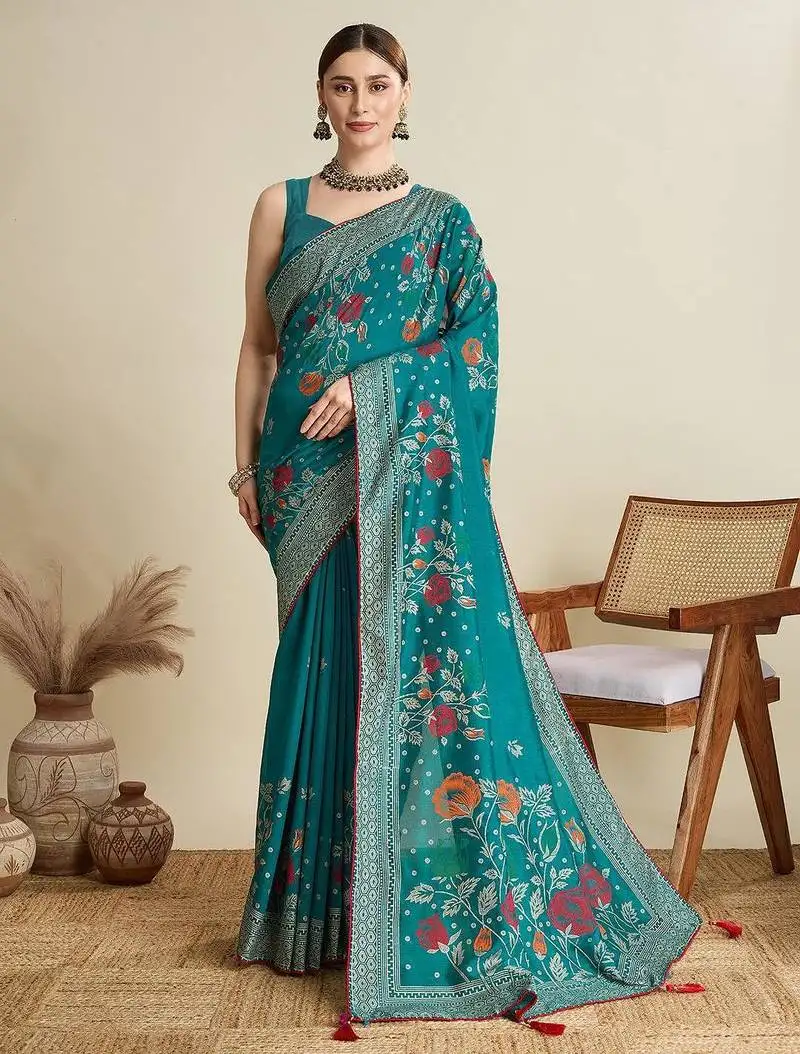 Rama green cotton saree party wear with unstitched blouse