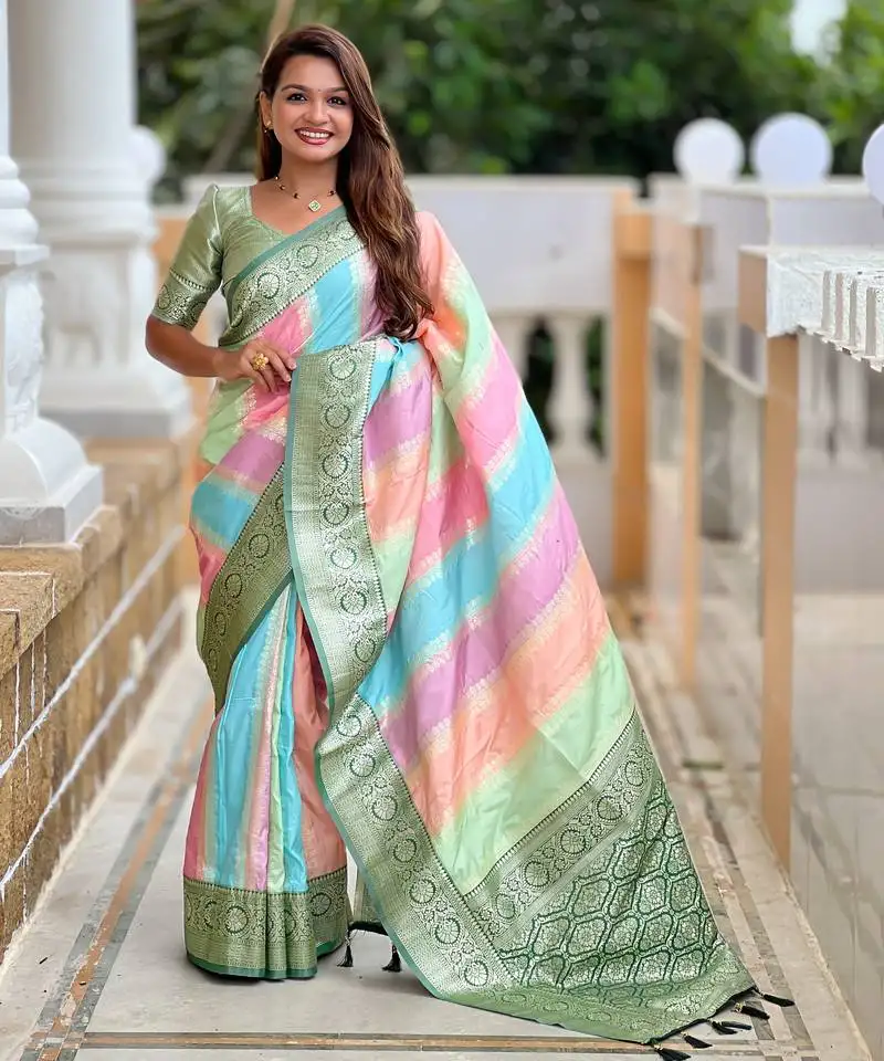 Green faux banarasi silk blend saree with blouse