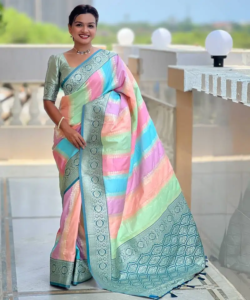 Teal faux banarasi silk blend saree with blouse