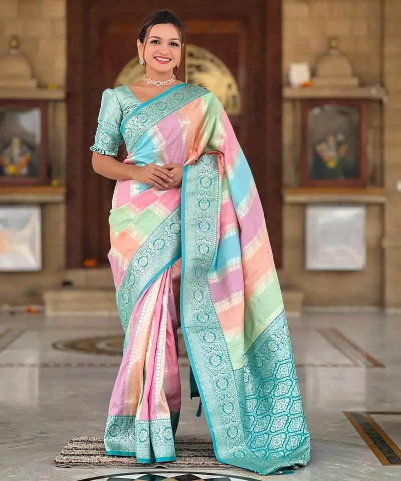 Sea green faux banarasi silk blend multi-colour saree