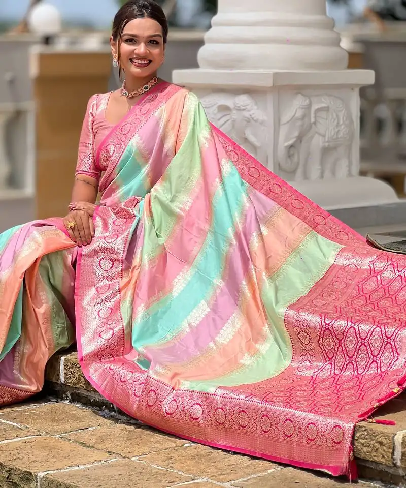 Pink faux banarasi silk multi colour saree with all over zari weawing design