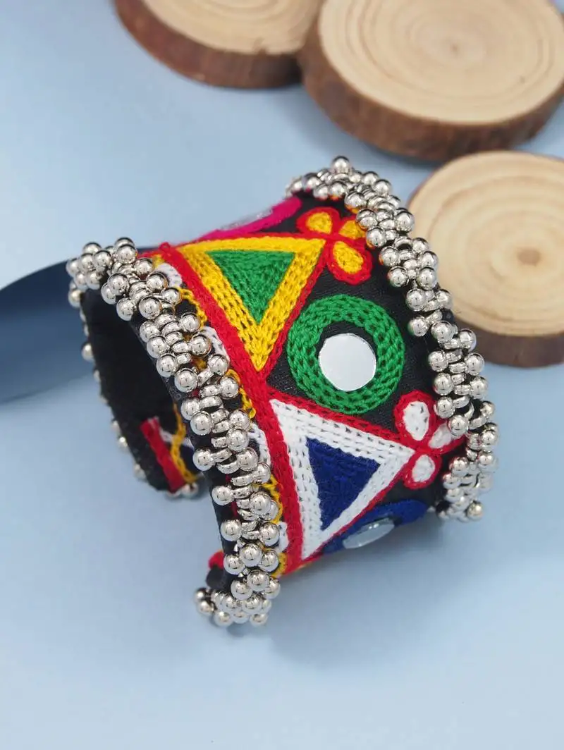 Oxidised silver plated multicolor thread handcrafted bracelet with mirror work (adb576)