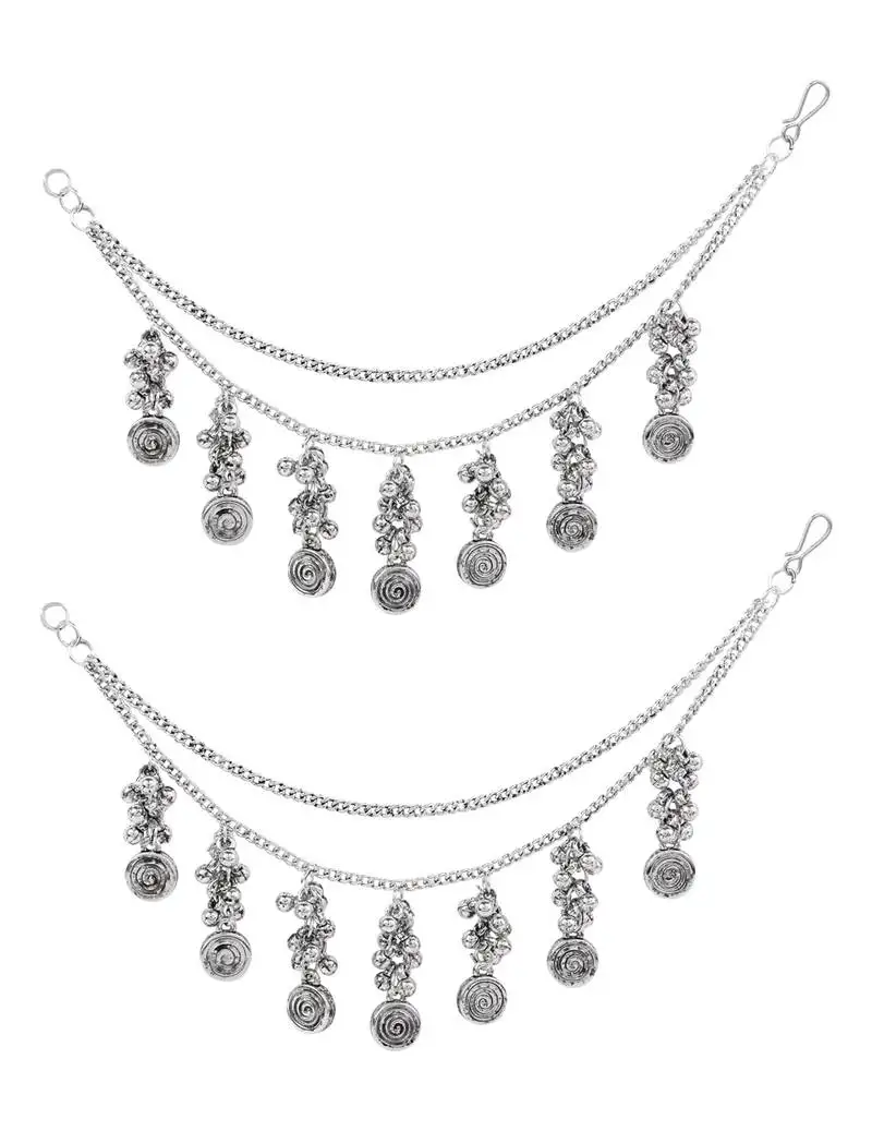 Oxidised plated traditional multi layered ear chain with ghungroo hangings for women