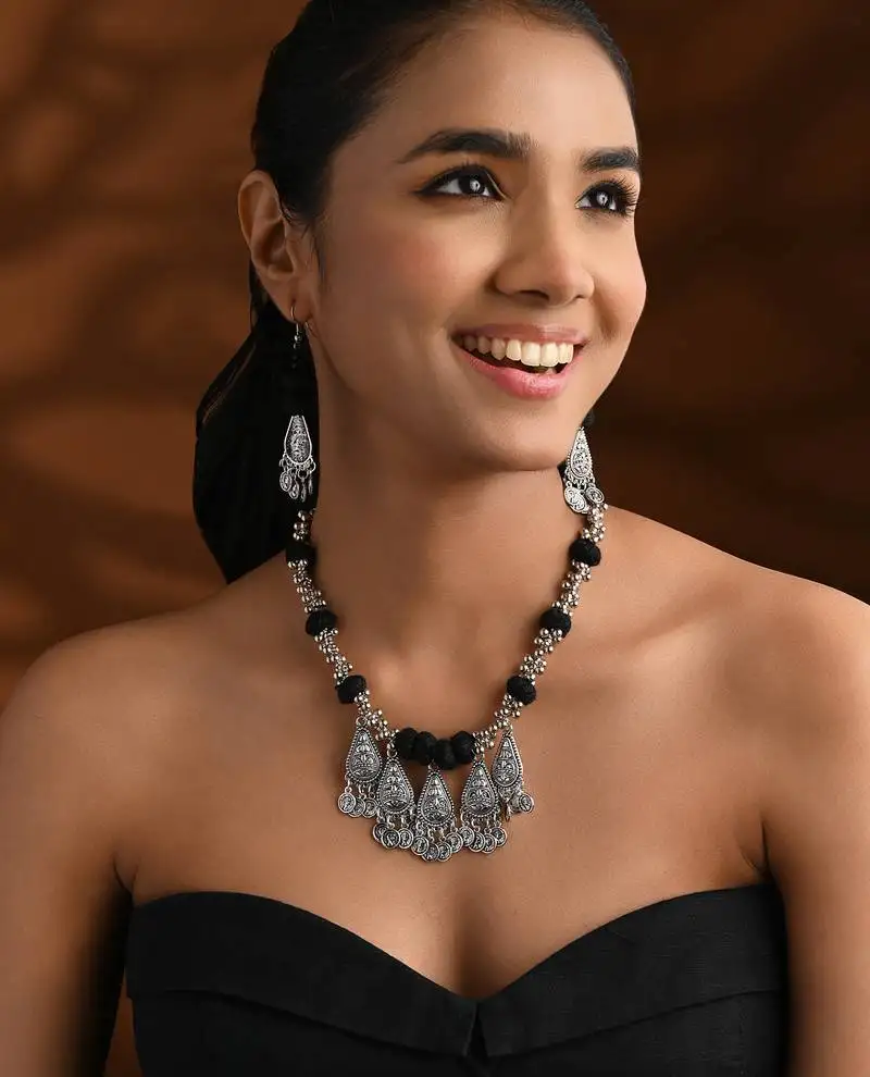Oxidised silver plated black beads statement necklace with earrings for women