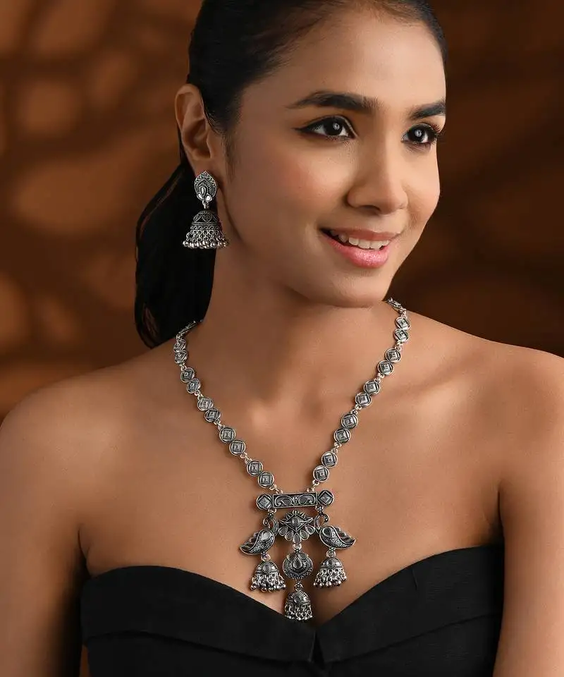Oxidised peacock motif dangler pendant necklace set with jhumka earrings for women