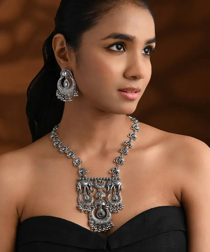 Oxidised elephant motif tribal long necklace set for women