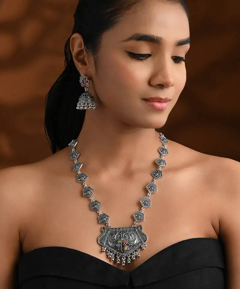 Oxidised silver plated navratri multi stone statement necklace set for women