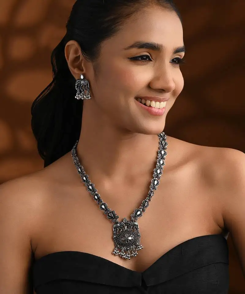 Oxidised elephant motif traditional necklace set with earrings for women