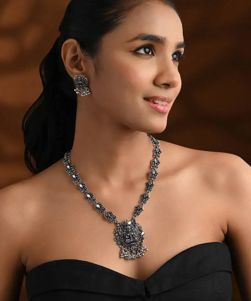 Oxidised silver plated traditional peacock motif necklace set for women