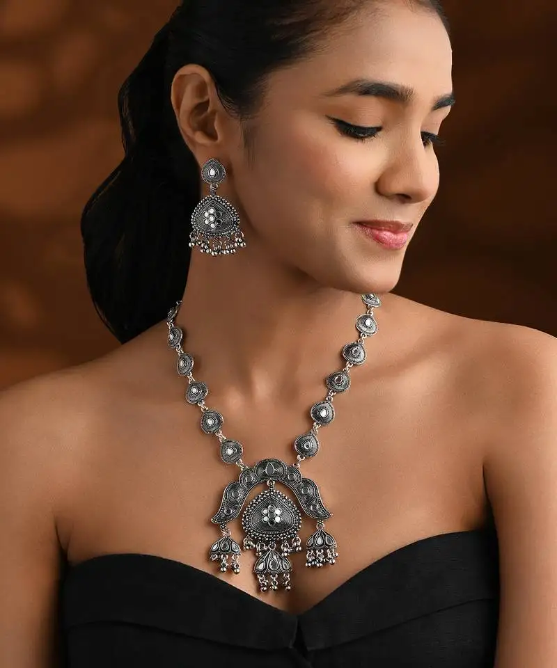 Oxidised silver plated traditional statement necklace set with earrings for women