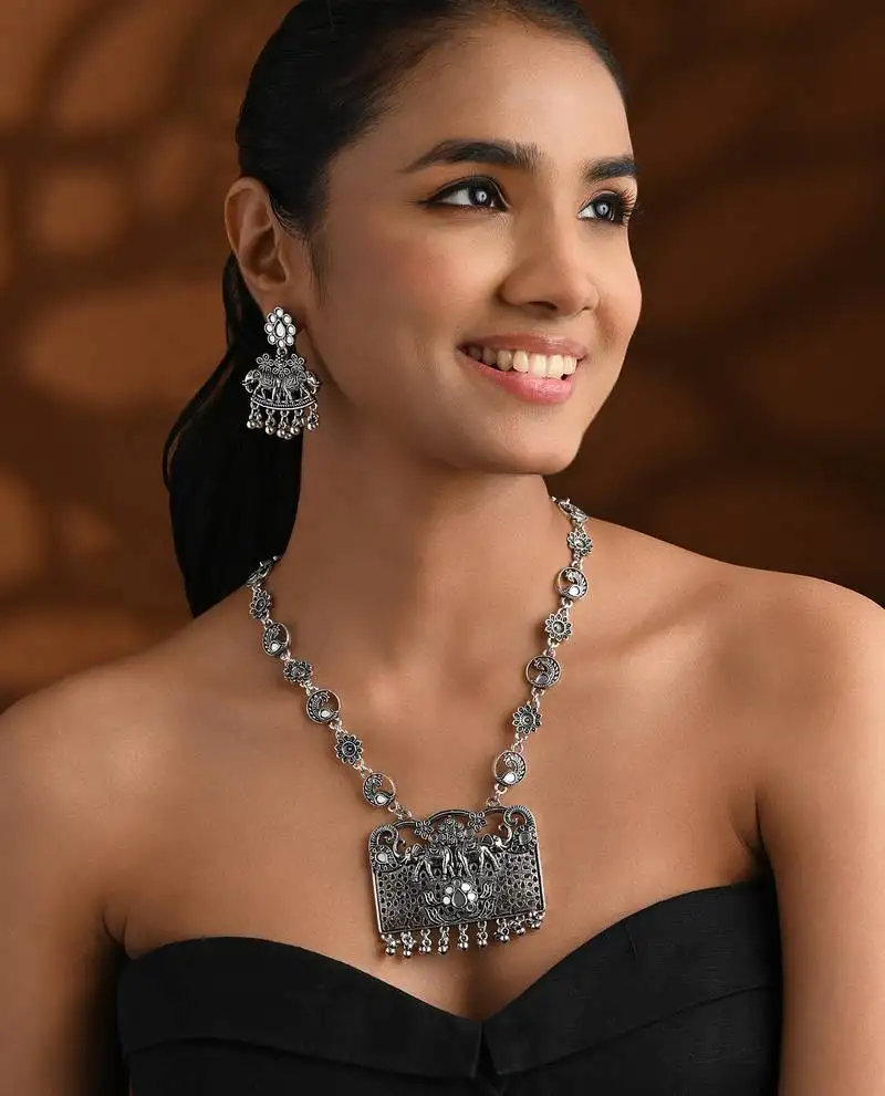 Oxidised rajwadi elephant motif necklace set with earrings for women