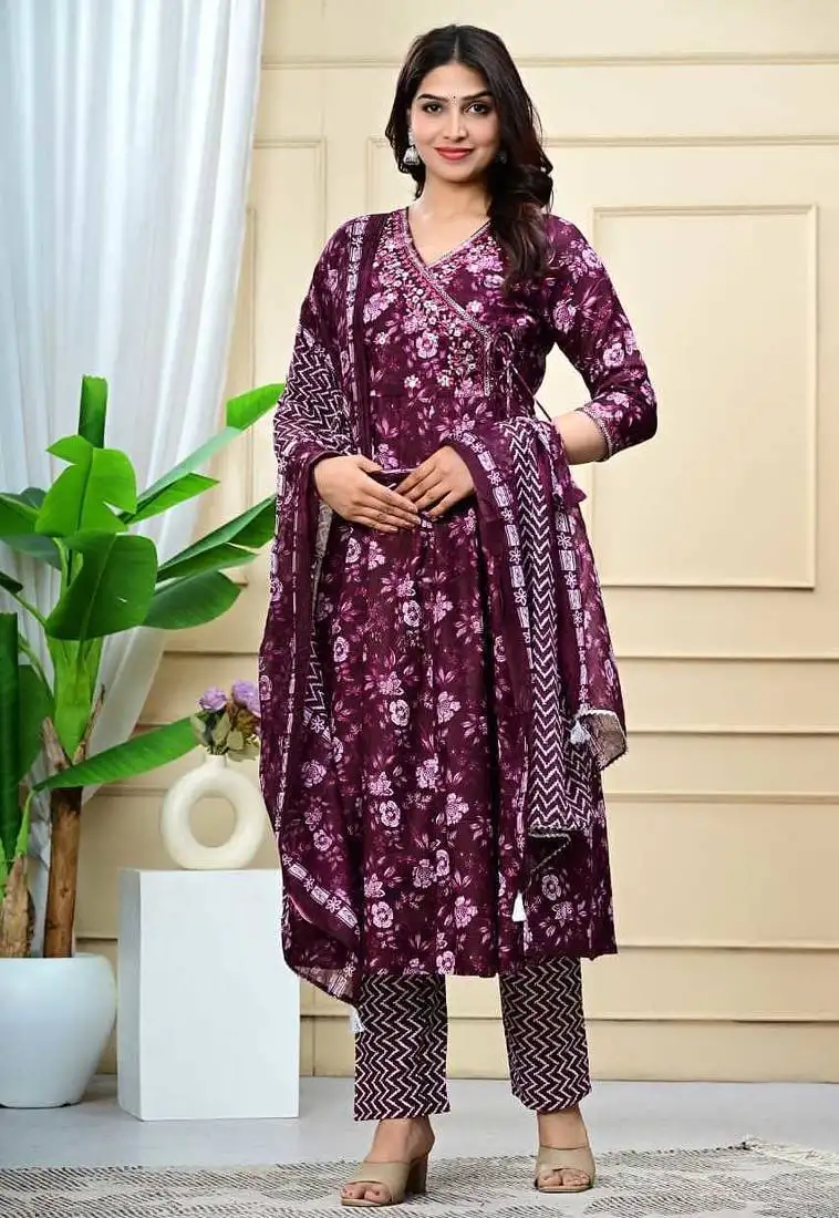 Purple cotton printed & embroidered work angrakha kurta bottom dupatta set