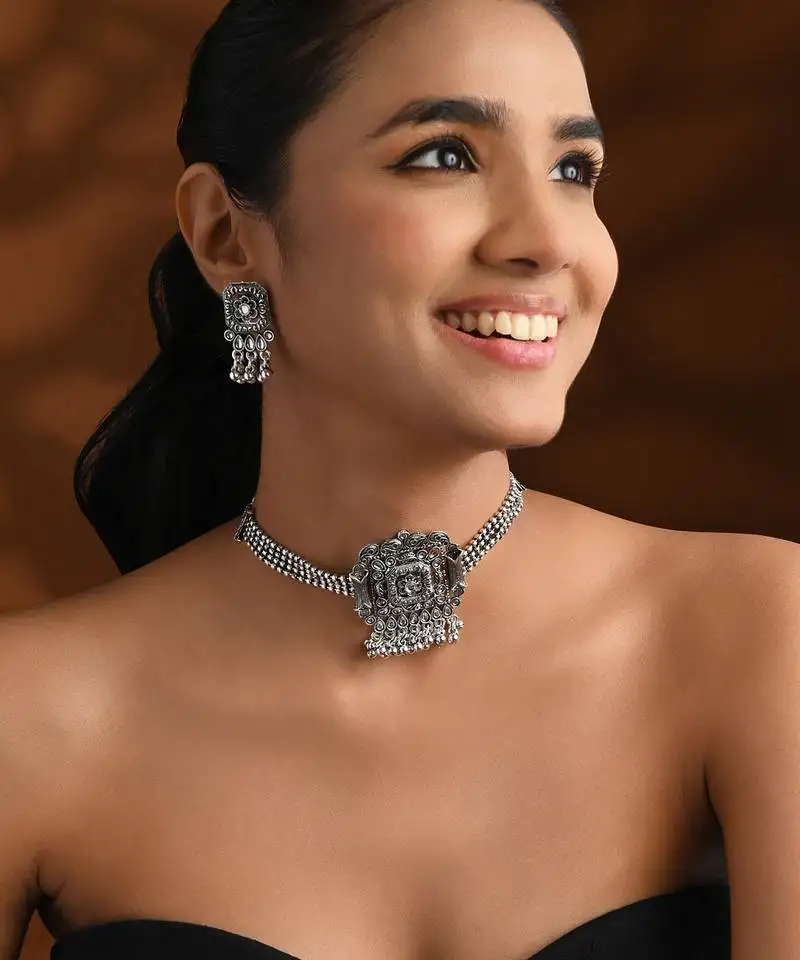 Oxidised plated rajwadi statement necklace set with intricate square motif for women